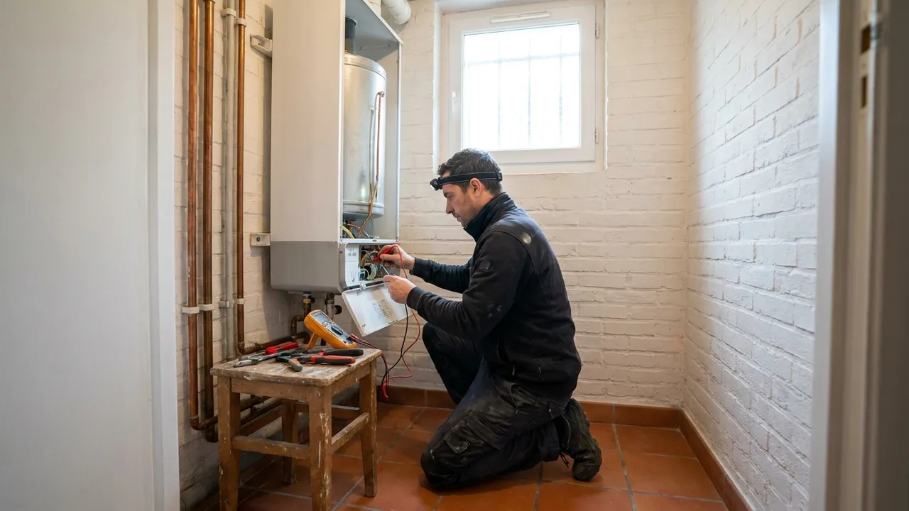 Plombier diagnostiquant un chauffe-eau électrique dans le cellier d'un appartement des Grésillons à Asnières-sur-Seine