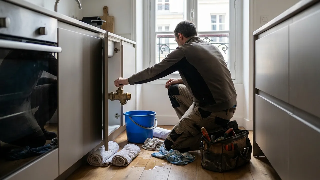 Main fermant la vanne d'arrêt d'eau sous un évier lors d'une fuite dans un appartement d'Asnières-sur-Seine