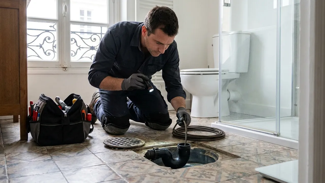 Plombier contrôlant le siphon d'un lavabo dans la salle de bain d'un immeuble ancien d'Asnières-sur-Seine
