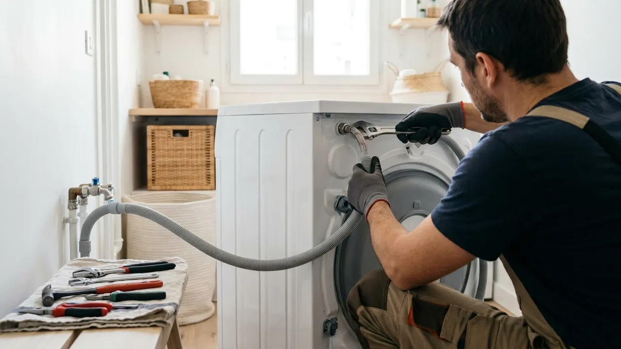 Raccordement d'un lave-linge sous un plan de travail dans la cuisine d'un appartement du centre d'Asnières-sur-Seine